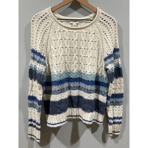 Sundance Open Cable Knit Waters Edge Sweater Striped Cream Blue Women's Small